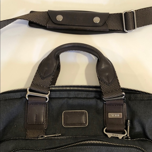 Tumi grey canvas brown leather laptop travel bag Bags